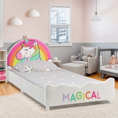 Infans Kids Upholstered Platform Bed Children Twin Size Wooden Bed Unicorn Pattern