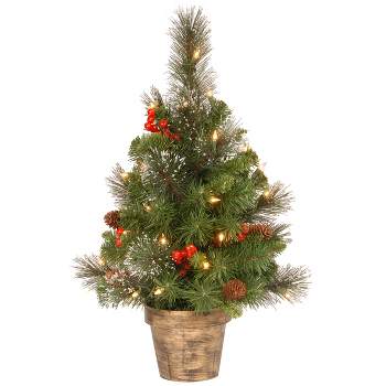 National Tree Company 2 ft Pre-Lit Artificial Mini Christmas Tree, Green, Crestwood Spruce, White Lights,Pine Cones, Frosted Branches, Pot Base