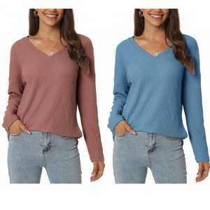 INSPIRE CHIC Women's V Neck Waffle Knit Long Sleeve Casual Tunic Blouses 2 Packs - 1 of 4