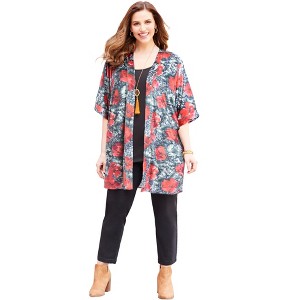 Catherines Women's Plus Size In-Vogue Velvet Duster - 1 of 4