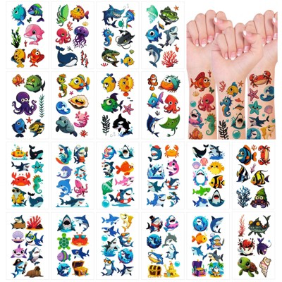 Wrapables Waterproof Temporary Tattoos for Children, 20 Sheets, Sharks and Sea Animals