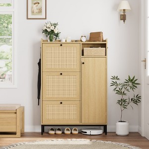 WhizMax Rattan Shoe Storage Cabinet with 3 Flip Drawers, Freestanding Organizer with Adjustable Shelves for Entryway, Narrow Shoe Rack Cabinet - 1 of 4