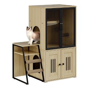 GustoWave Cat Litter Box Enclosure Furniture, 2 in 1 Hidden Double Cabinet Enclosed Litter Box with Ladder Wooden Cat Furniture - 1 of 4