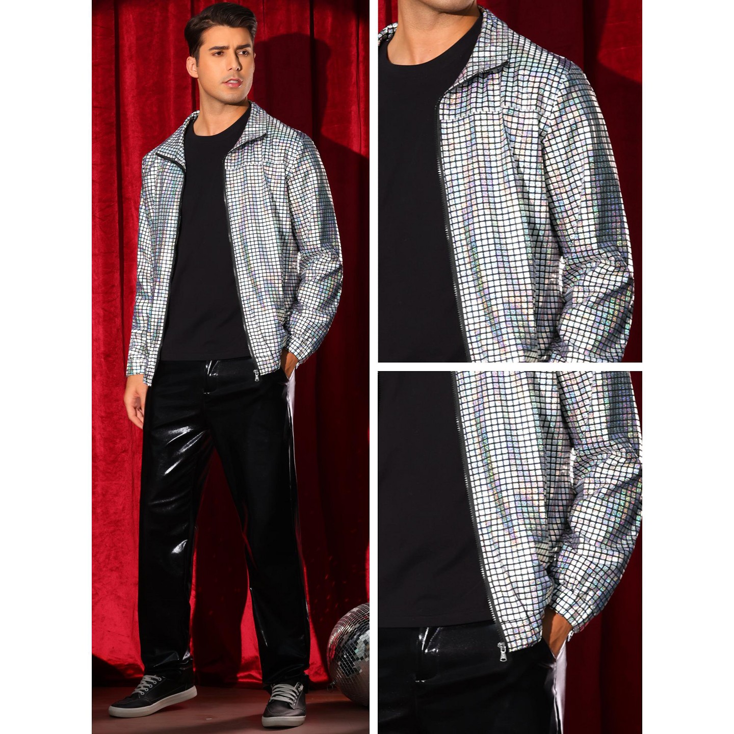 Мужская куртка INSPIRE CHIC Holographic Jacket for Metallic Long Sleeve Stand Collar Party Disco Shiny Jackets Silver, цвет: Серебряный — фото 5