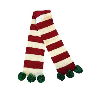 Midlee Christmas Striped Dog Scarf- Red/White & Green Pom Pom - 1 of 4