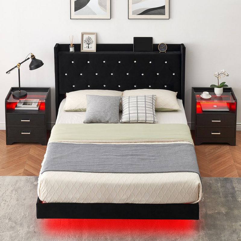 Whizmax Platform Floating Bed Frame with LED Lights, Modern Upholstered Low Profile Bed with Wingback Shelf and Headboard, Black, 2 of 9