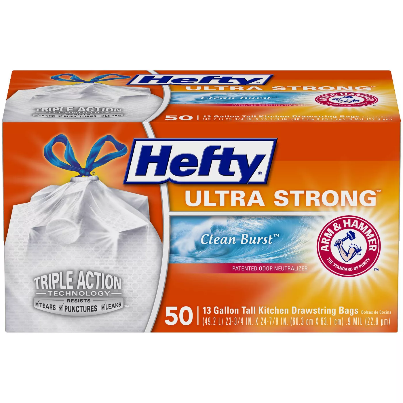 Hefty Ultra Strong Tall Kitchen Drawstring Trash Bags - Clean Burst Scent - 13 Gallon - 50ct - image 1 of 6