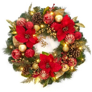 24 Inch Lighted Christmas Wreath with Golden Christmas Balls Ornaments, Pre-lit Xmas Wreath Battery Operated for Front Door Gate - 1 of 4