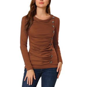 Allegra K Women's Cowl Neck Long Sleeves Buttons Decor Solid Ruched Top - 1 of 4