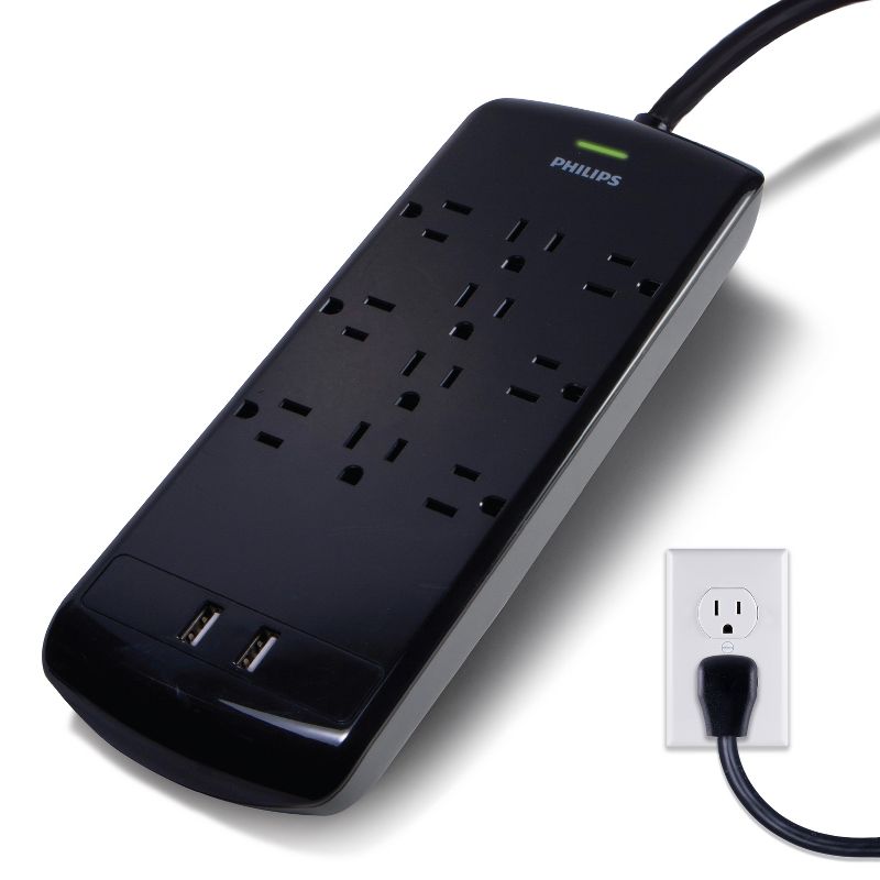 Philips 10-Outlet 2 USB Port Surge Protector with 6ft Extension Cord, Black, 1 of 13