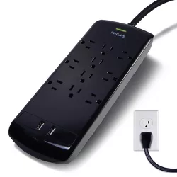 Philips 10-Outlet 2 USB Port Surge Protector with 6ft Extension Cord, Black
