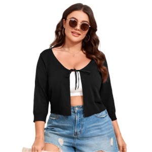 Clearlove Women's V-Neck Tie Front Shrug 3/4 Sleeve Rib-Knit Cardigan Sweater Crop Top - 1 of 4