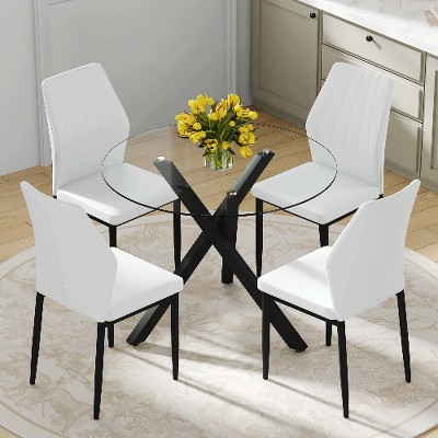 Lyngins Modern Round Glass Dining Table Set – Transparent Top with X-Shaped Black Metal Base & 4 PU Chairs with a Vertical Stripe Design