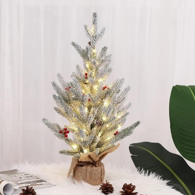 GAOMON 24 Inch Table Top Christmas Tree with 50 Warm White Lights, Small Mini Christmas Pine Tree, Snow Flocked