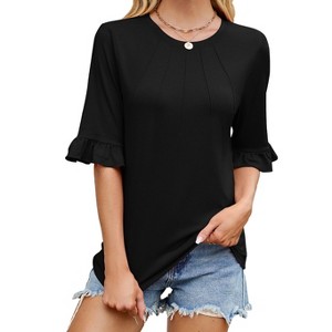 Womens Elbow Sleeve T-Shirts for Summer Flounce Gather Hem Sleeve Round Neck Tops with Front Seam Design Comfy Summer Lounge Tops - 1 of 4