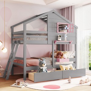 Twin over Twin Bunk Bed with 2 Drawers, 1 Storage Box, 1 Shelf, Window and Roof - ModernLuxe - 1 of 4