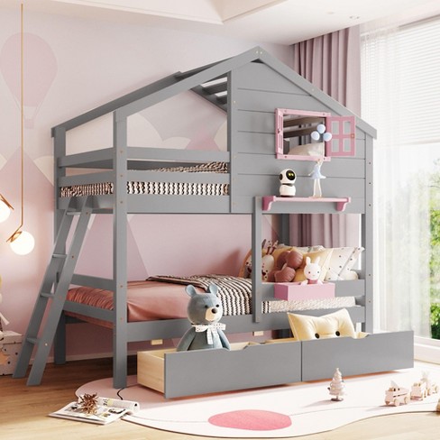 Twin over Twin Bunk Bed with 2 Drawers, 1 Storage Box, 1 Shelf, Window and Roof - ModernLuxe - image 1 of 4