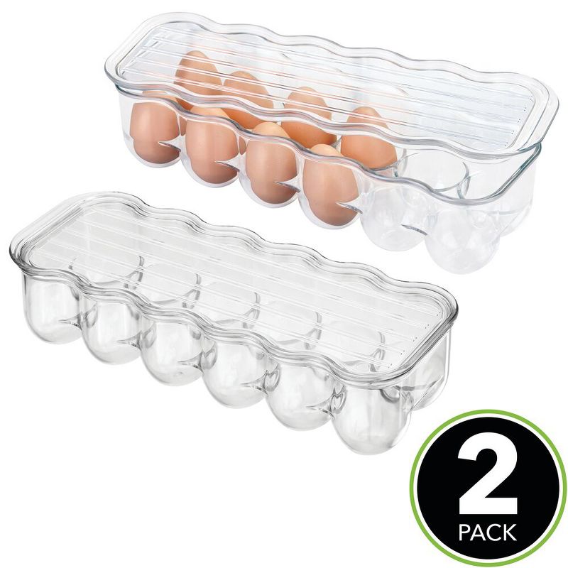 mDesign Plastic Egg Storage Tray Holder for Refrigerator, 12 Eggs, 2 Pack, Clear, 2 of 9