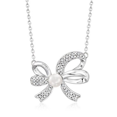 Ross-Simons 4.5-5mm Cultured Pearl and .11 ct. t.w. Diamond Bow Pendant Necklace in Sterling Silver Size 18
