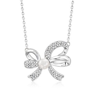 Ross-Simons 4.5-5mm Cultured Pearl and .11 ct. t.w. Diamond Bow Pendant Necklace in Sterling Silver Size 18 - 1 of 4