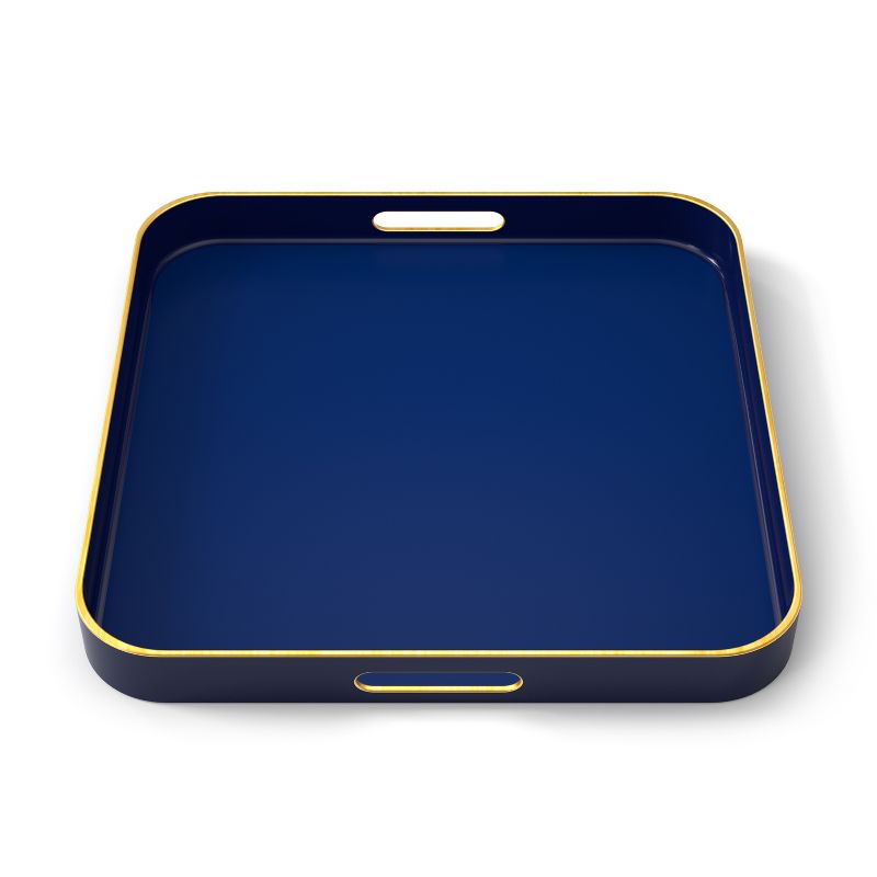American Atelier 2-Piece Square Serving Trays with Handles, Blue and Floral Design with Gold Rim, 2 of 8