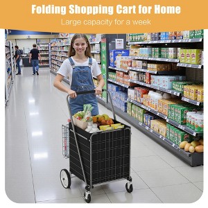 KWPZQEB Bigger Super Jumbo Shopping Cart with Brake, Rolling Crate Handcart w/ Wheels & Double Basket, Foldable Utility Shopping Carts for Shop, Black - 1 of 4