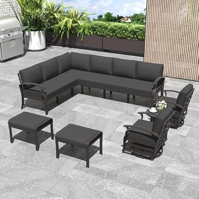 ALAULM Aluminum Patio Furniture Set Modern Metal Outdoor Conversation Sets w/45in Propane Fire Pit Table, Patio Sectional Sofa w/5.1 Inch Cushion