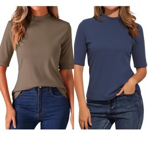 INSPIRE CHIC Women's Half Sleeve Casual Turtleneck Solid Elastic Soft T-Shirts 2 Packs - 1 of 4