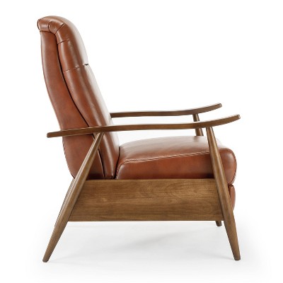 Caramel Mid-Century Modern Faux Leather Recliner with Wooden Arms