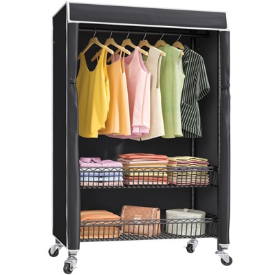 VIPEK Rolling garment rack with wheels, Heavy Duty Covered Clothes Rack with Basket, Black Clothing Rack with Cover