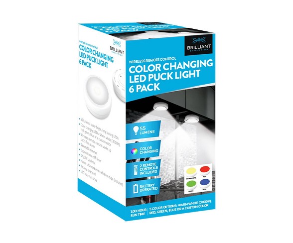 Brilliant Evolution 6pk Wireless Color Changing LED Under Cabinet Puck Light With 2 Remotes