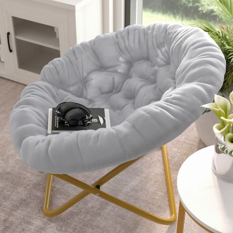 Emma and Oliver Oversize Folding Saucer Chair with Cozy Faux Fur Cushion and Metal Frame for Dorms, Bedrooms, Apartments and More, 4 of 12