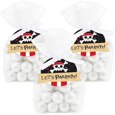 Big Dot of Happiness Pirate Ship Adventures - Skull Birthday Party Clear Goodie Favor Bags - Treat Bags With Tags - Set of 12