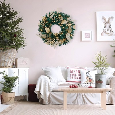Pre-Lit Christmas Wreath, Artificial Christmas Wreath with LED Lights, Holiday Wall Decors with Gold Flowers and Berries for Front Door