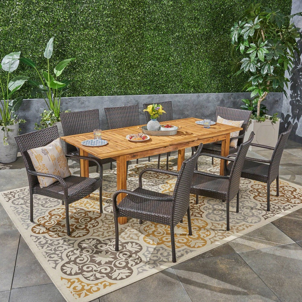 Photos - Garden Furniture Hayes 9pc Wood & Wicker Expandable Dining Set - Natural/Brown - Christophe