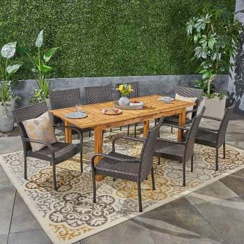 Hayes 9pc Wood & Wicker Expandable Dining Set - Natural/Brown - Christopher Knight Home
