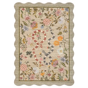 Washable Scalloped Living Room Rugs, Floral Snake Print Farmhouse Bedroom Carpet, Non Slip Low Pile Dining Room Rugs - 1 of 4