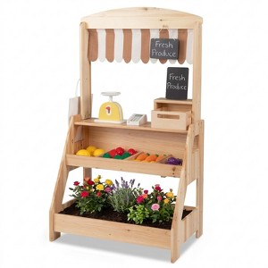 2-in-1 Natural Wood Mud Kitchen and Market Stand for Kids with
