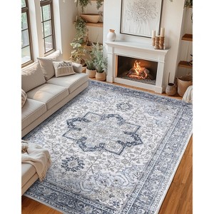 Washable Vintage Floral Area Rug, Non-Slip Retro Carpet, Soft Low-Pile for Living Room, Bedroom, Hallway, Neutral Tones - 1 of 4