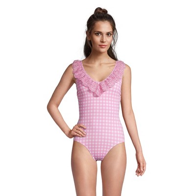 Lands' End Draper James X Lands' End Women's Chlorine Resistant Ruffle  V-neck One Piece Swimsuit - 12 - Wild Blossom/pink Gingham : Target