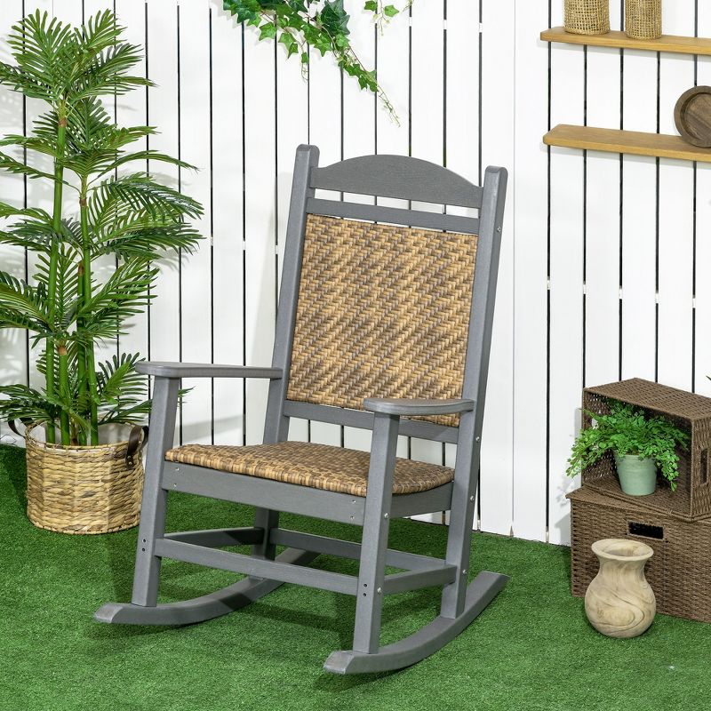 Outsunny Outdoor Rocking Chair, Traditional Wicker Porch Rocker w/ Padded Seat, Breathable Backrest, HDPE Frame with PE Rattan, Dark Gray, 2 of 7