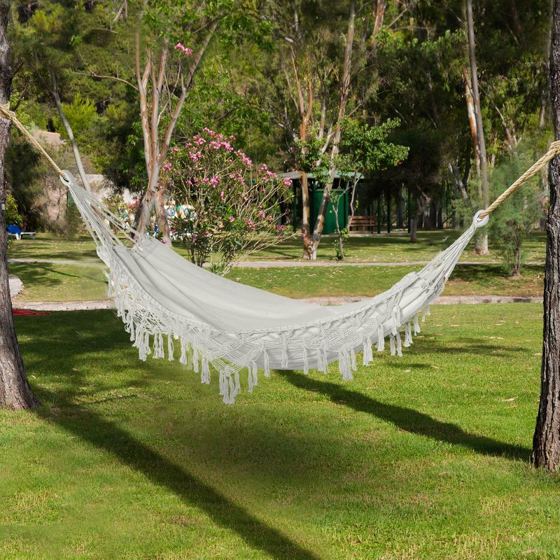 Outsunny Extra Large Boho Hammock with Macrame Tassel Fringe, Includes Carrying Bag, Indoor Outdoor Tree Hammock for Porch, Backyard, Camping, White, 3 of 9