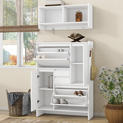 Multi-Functional Shoe Cabinet with Wall Cabinet, Space-Saving Design Foyer Cabinet with 2 Flip Drawers