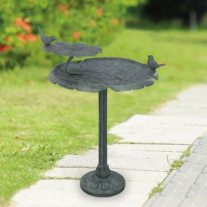 SPI Home Bird Chat on Lotus Birdbath and Birdfeeder – 24" Tall Aluminum Garden Accent with Sculptural Birds - 1 of 4