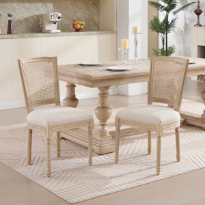 Set of 2 Upholstered Farmhouse Dining Chairs with Linen or Rattan T-Back and Carved Wood Legs for Kitchen or Dining Room-Cuddlewood - 1 of 4