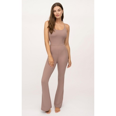 Yogalicious Lux Scarlett Flare Jumpsuit with Built-In Bra, Antler