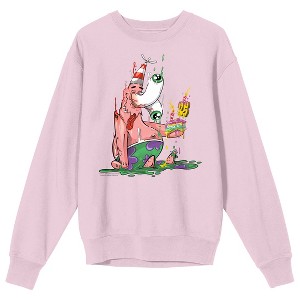 Spongebob Squarepants Patrick Star Slime Pink Star Fish Melting Slice if Colorful Cake with Number 25 Candle on Cradle Pink Long Sleeve Adult Crew - 1 of 2