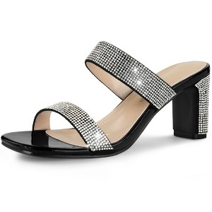 Allegra K Women's Rhinestone Open Square Toe Chunky Heel Slide Sandals - 1 of 4