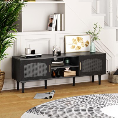 FONTOI TV Stand for TVs up to 50", Modern Rattan TV Stand, Media Console with Ample Storage, for Living Room, Bedroom, Black, 53.9*13.8*18.9