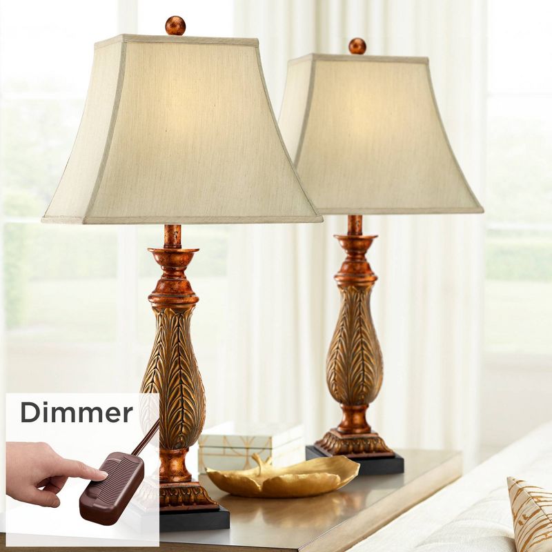 Regency Hill Traditional Table Lamps 29" Tall Set of 2 with Table Top Dimmers Two Tone Gold Leaf Linen Rectangular Bell Shade Living Room, 2 of 9